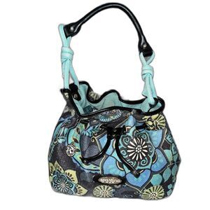 Spartina 449 Mod Black Blue Green Retro Flower Pattern Bucket Bag